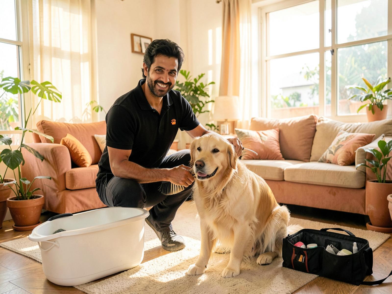 A groomer brushing a happy golden retriever during an at-home grooming session